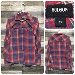 Hudson Jeans Snap Button Flannel Shirt Women’s S Red Blue Raw Edges Zippers